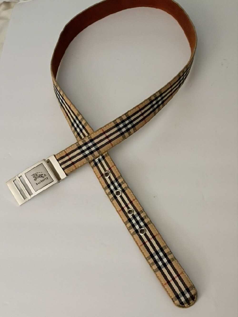 Burberry Tan Beige Check Leather Belt with Silver-Tone Buckle